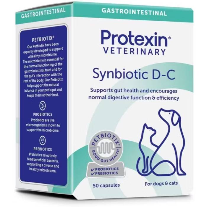 Protexin Synbiotic D-C prebiotikai natūraliam šunų ir kačių žarnyno disbalanso sprendimui 200mg, 50 kapsulių