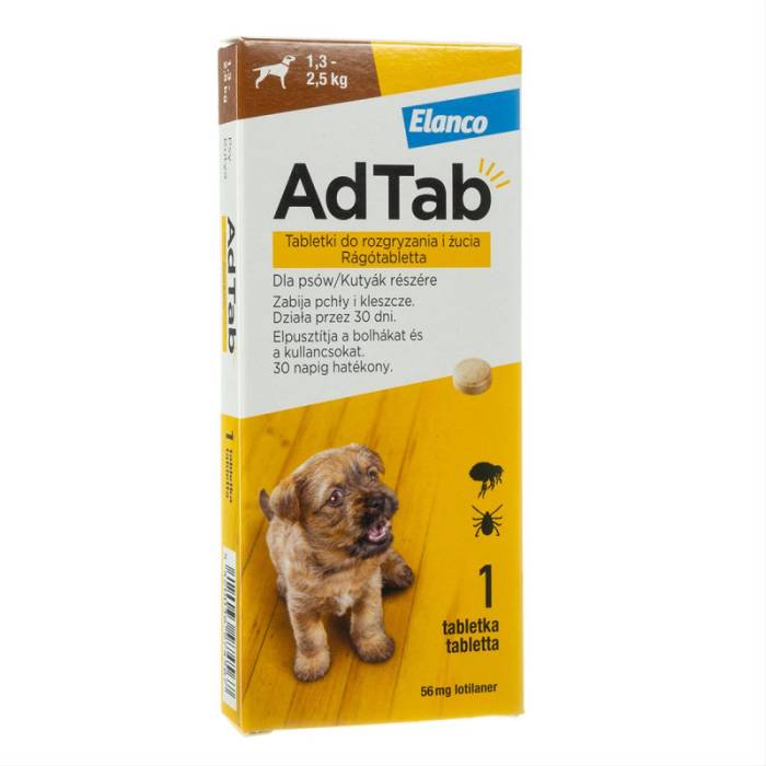 Elanco AdTab kramtomosios tabletės nuo erkių ir blusų 1,3-2,5 kg svorio šunims, 56 mg, N1