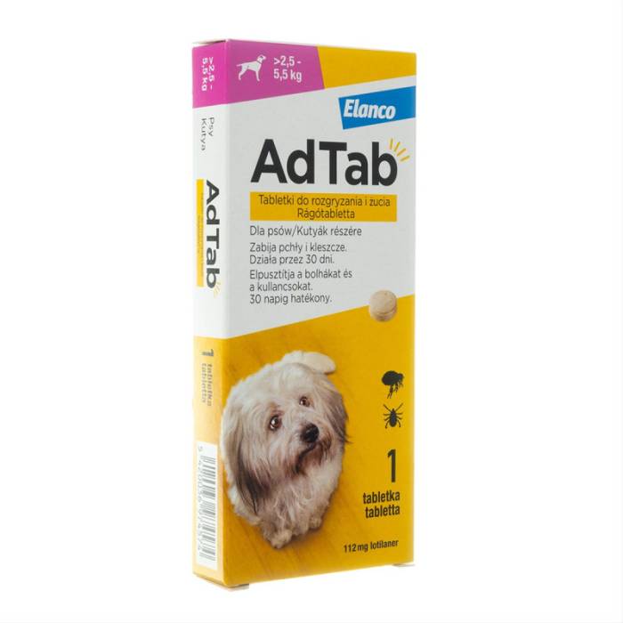 Elanco AdTab kramtomosios tabletės nuo erkių ir blusų 2,5-5,5 kg svorio šunims, 112 mg, N1