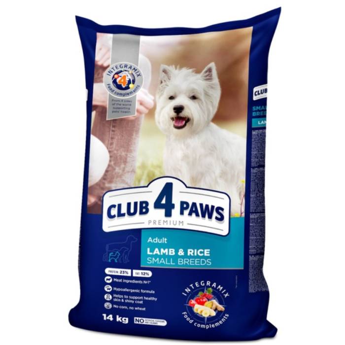CLUB 4 PAWS Premium Visavertis pašaras suaugusiems mažų veislių šunims su ėriena ir ryžiais, 14 kg