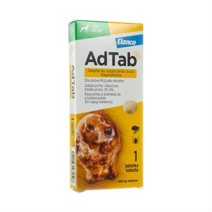 Elanco AdTab kramtomosios tabletės nuo erkių ir blusų 11-22 kg svorio šunims, 450 mg, N1