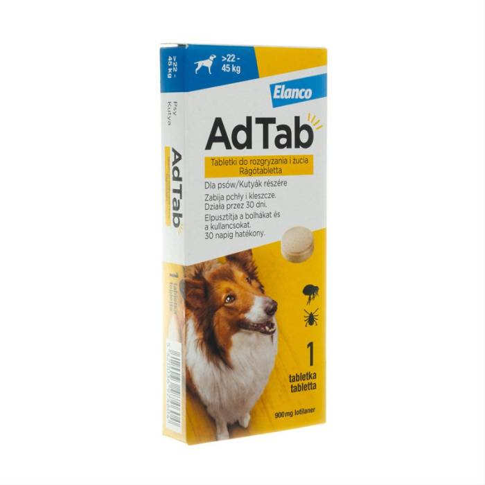 Elanco AdTab kramtomosios tabletės nuo erkių ir blusų 22-45 kg svorio šunims, 900 mg, N1