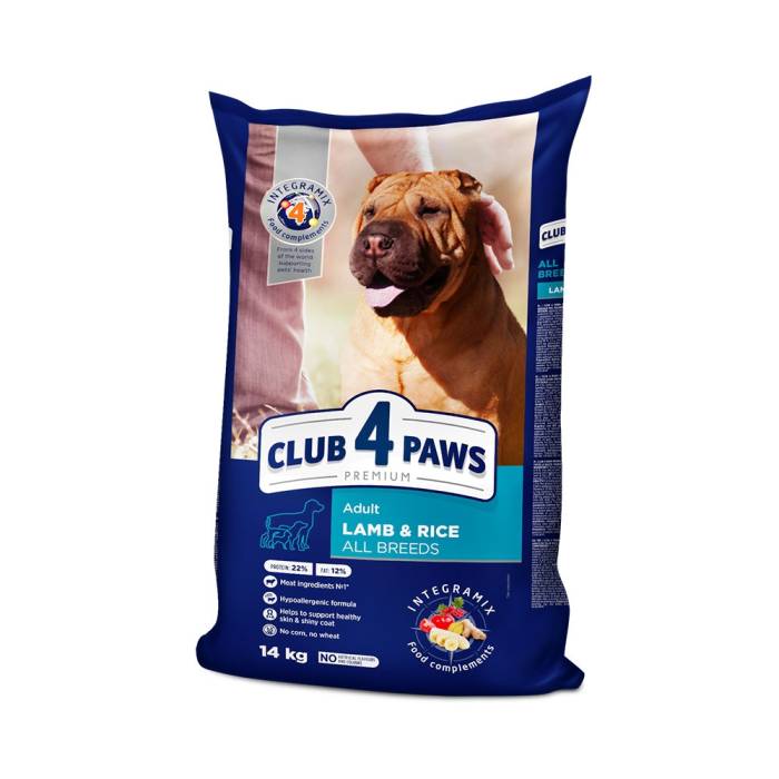 CLUB 4 PAWS Premium Visavertis pašaras suaugusiems visų veislių šunims su ėriena ir ryžiais, 14 kg