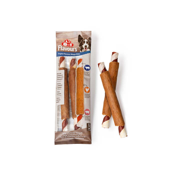 8in1 Flavours Mega Ribs trigubo skonio skanėstas šunims, 140 g