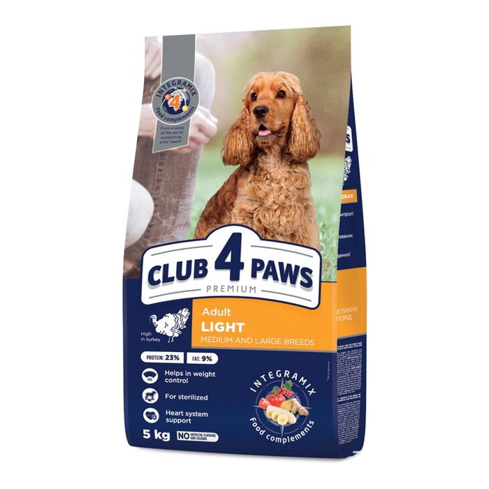 CLUB 4 PAWS Premium Light Visavertis pašaras suaugusiems vidutinių ir didelių veislių sterilizuotiems ir turintiems polinkį į nutukimą šunims su kalakutiena, 5 kg