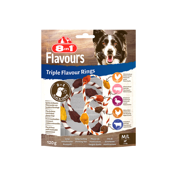 8in1 Flavours M/L trigubo skonio žiedai skanėstai šunims, 120 g