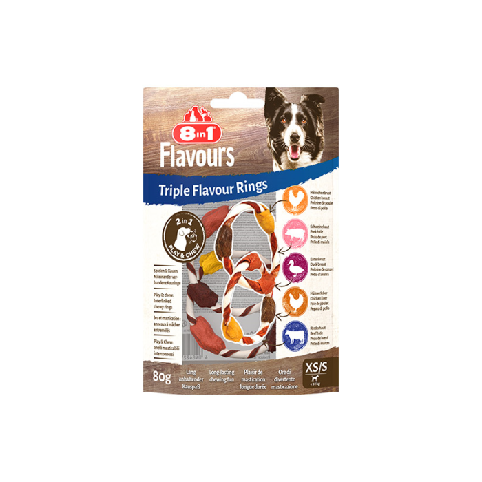 8in1 Flavours XS/S trigubo skonio žiedai skanėstai šunims, 80 g