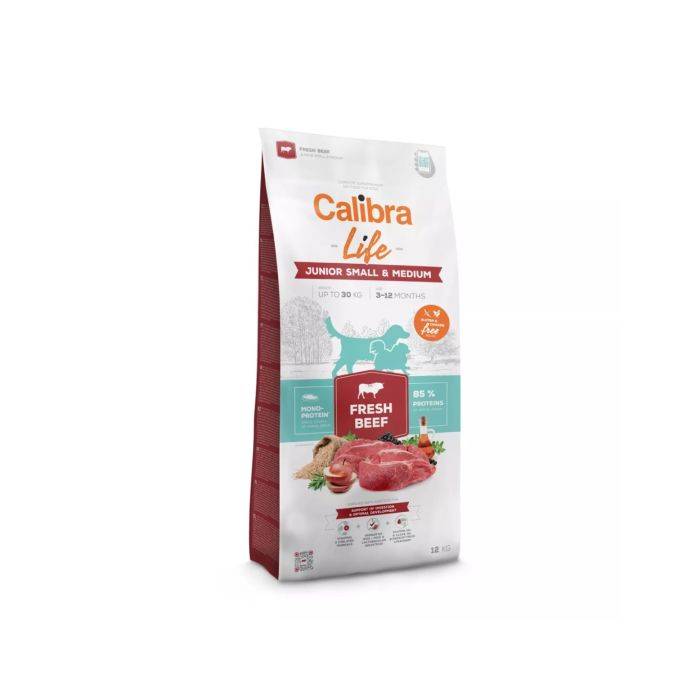 Calibra Life Dog Junior S/M Fresh Beef sausas maistas jauniems mažų ir vidutinių veislių šunims, 12 kg