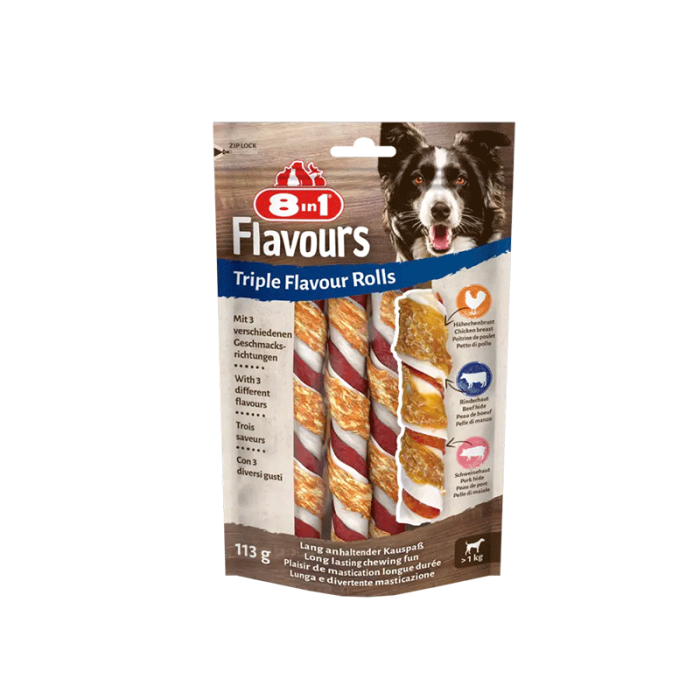 8in1 Flavours trigubo skonio apsuktos lazdelės šunims, 113 g