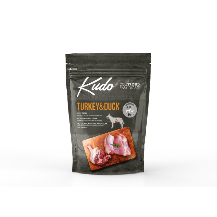 Kudo Turkey - Duck Medium Maxi Adult sausas maistas vidutinių veislių šunims, 3 kg