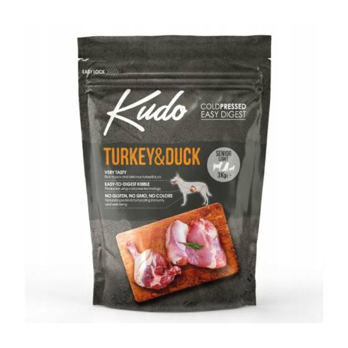 Kudo Turkey - Duck Senior Light sausas maistas šunims, kurie linkę priaugti svorio, 3 kg