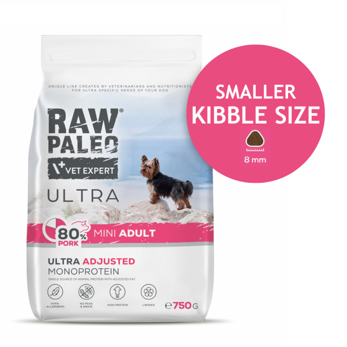 Raw Paleo Vet Expert Ultra Adult Mini Pork sausas maistas mažų veislių šunims, 0,75 kg