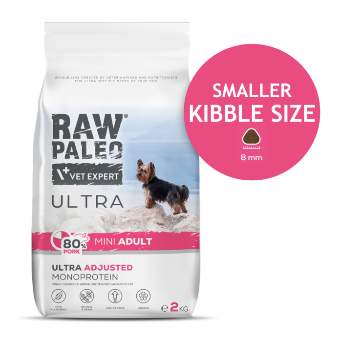 Raw Paleo Vet Expert Ultra Adult Mini Pork sausas maistas mažų veislių šunims, 2 kg