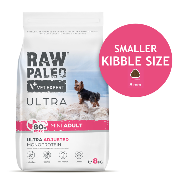 Raw Paleo Vet Expert Ultra Adult Mini Pork sausas maistas mažų veislių šunims, 8 kg