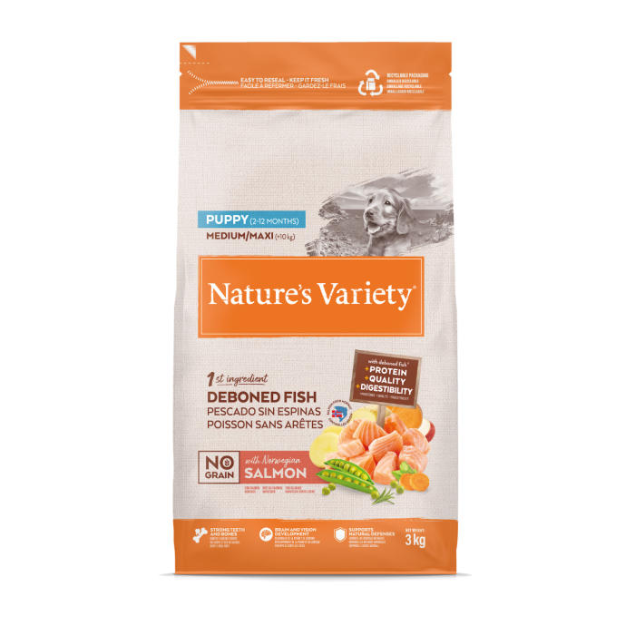 Nature's Variety No Grain Med/Maxi Puppy sausas maistas vidutinių ir didelių veislių šuniukams su lašiša, 3kg