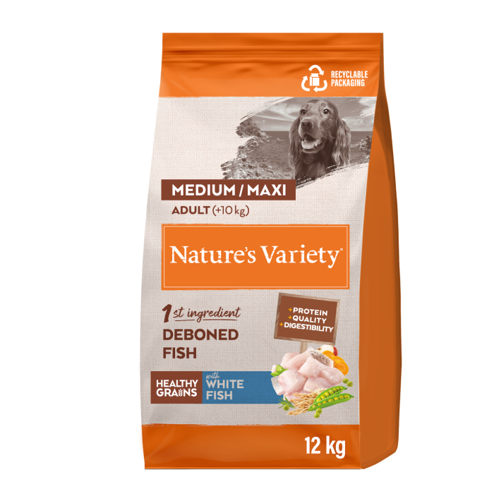Nature's Variety Healthy Grain Med/Maxi Adult sausas maistas vidutinių ir didelių veislių šunims su balta žuvimi, 12 kg