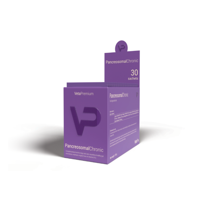 VetaPro Pancreosomal Chronic papildai šunims ir katėms, kuriems reikia papildomai kasos fermentų, 30 x 3 g