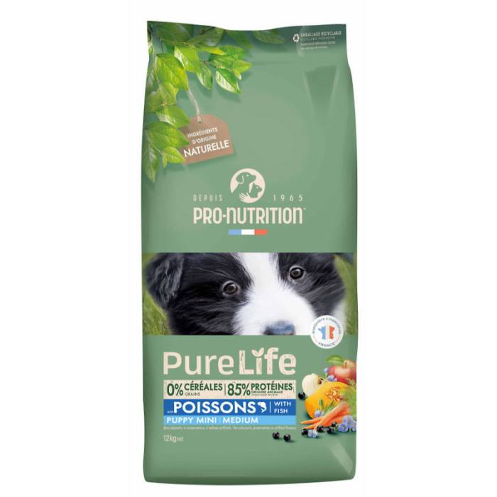 Pro Nutrition Pure Life Puppy Mini Medium Fish sausas maistas jauniems mažų ir vidutiių veislių šunims, 12 kg