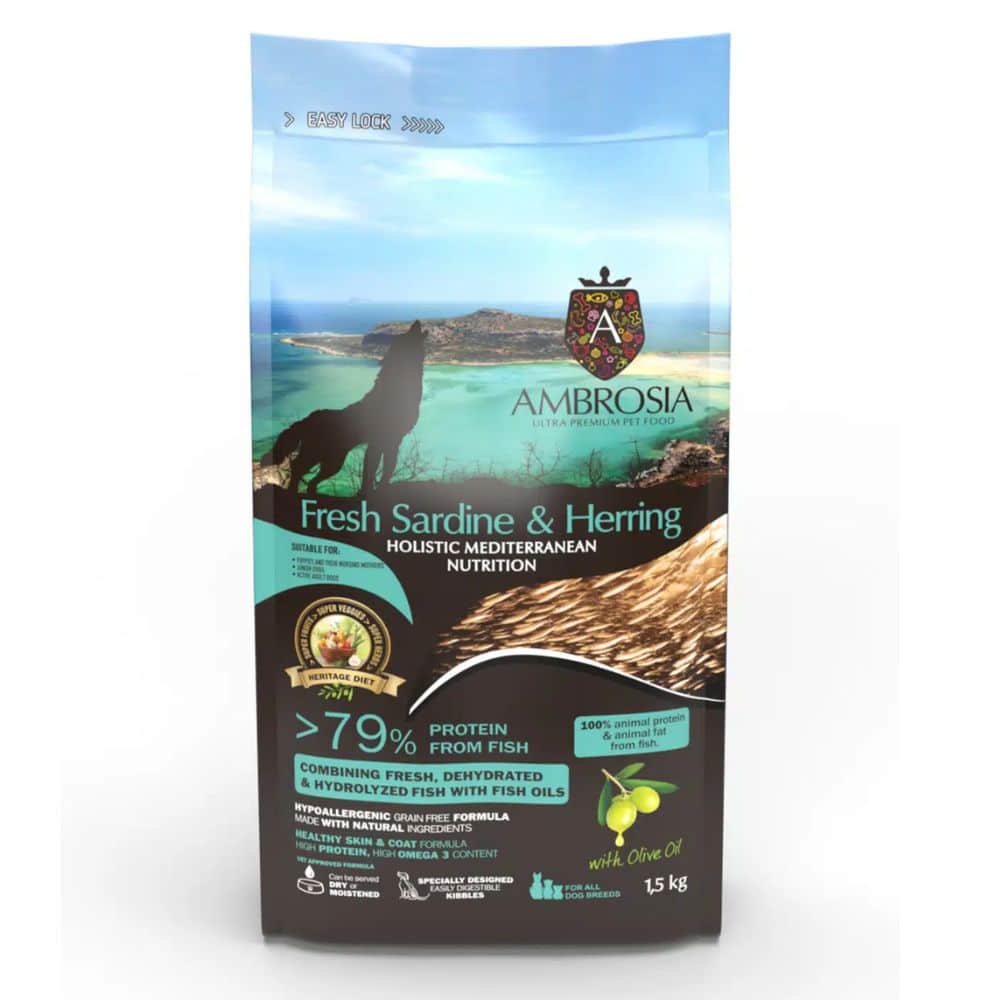 AMBROSIA Fresh Sardine & Herring begrūdis sausas maistas šuniukams su sardine ir silke - Produkto Svoris 1kg (sveriamas)
