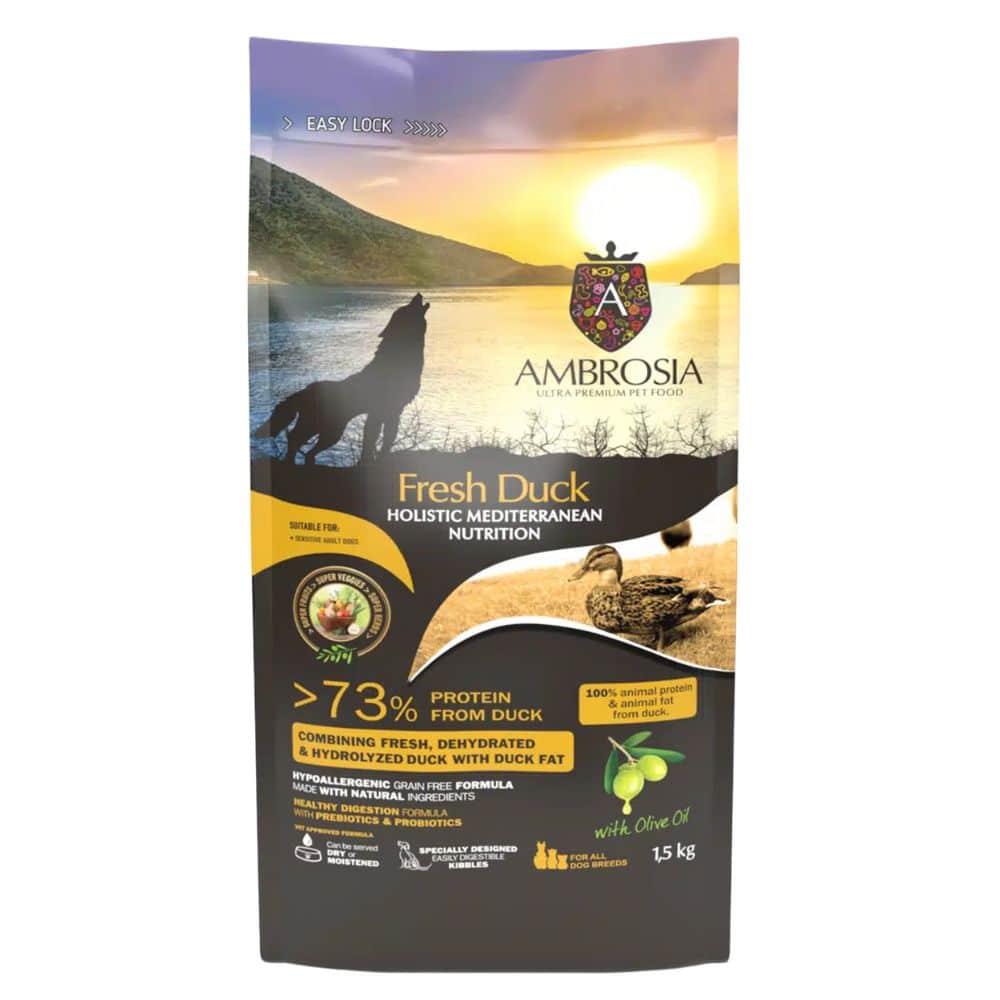 AMBROSIA Fresh Duck vieno baltymo begrūdis sausas maistas šunims su antiena - Produkto Svoris 1.5kg