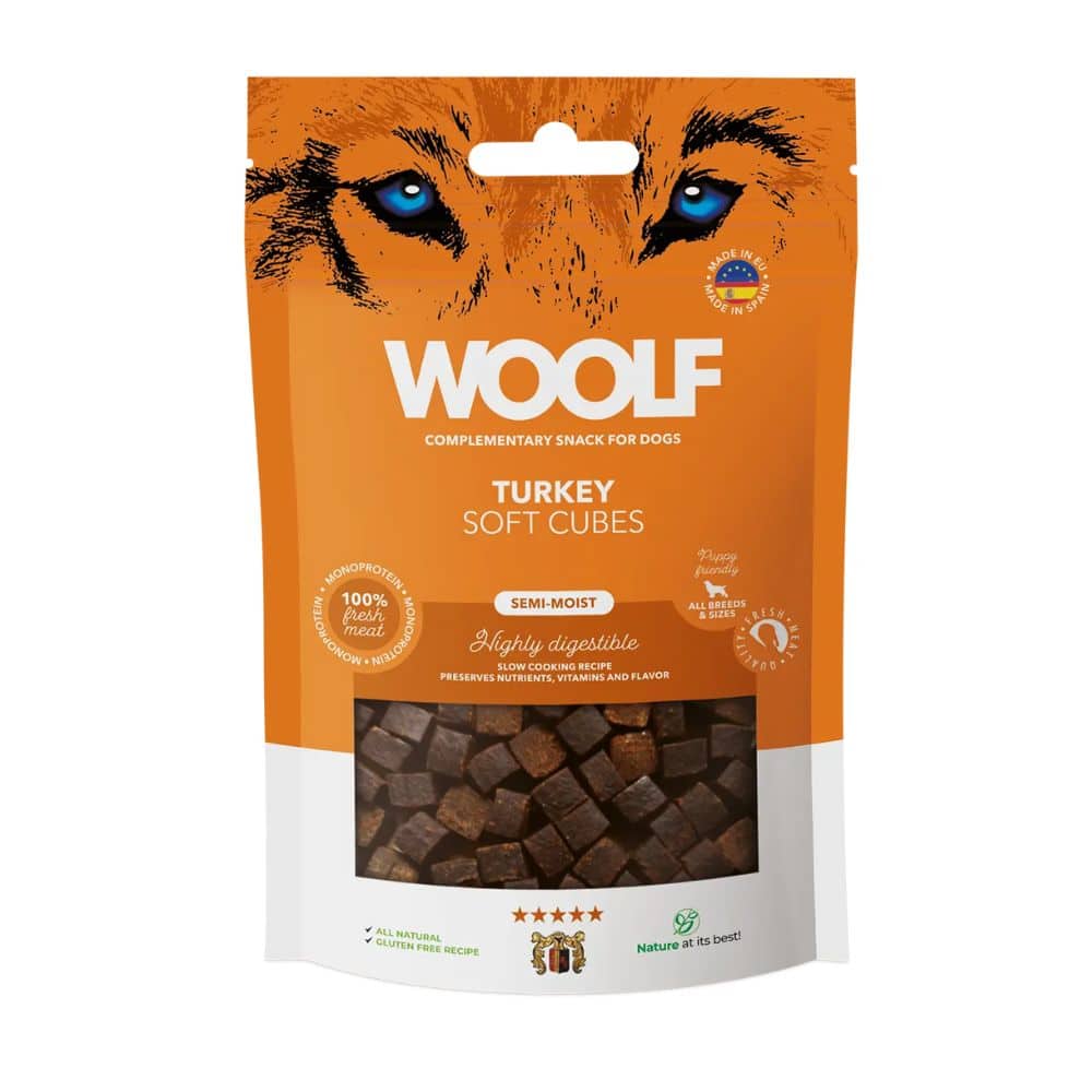 WOOLF Turkey Cubes - skanėstai šunims su kalakutiena, kubeliai