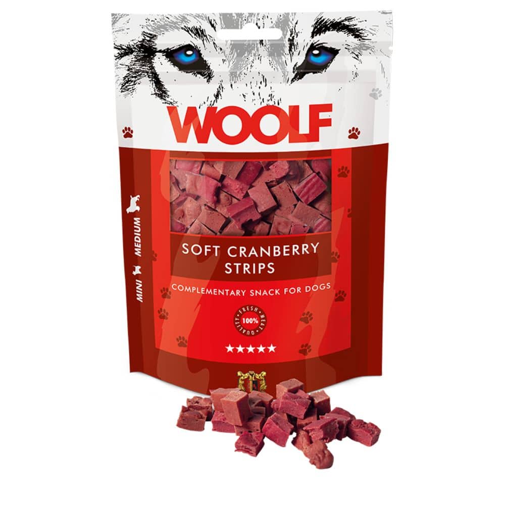 WOOLF Soft Cranberry Strips Skanėstai šunims su spanguolėmis 100g