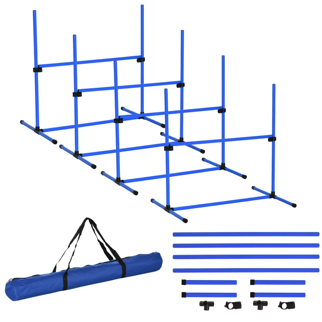 Agility kliūčių rinkinys, slalomo lazdos, šunų dresavimo rinkinys, 4 x kliūtys, 99x65x94cm