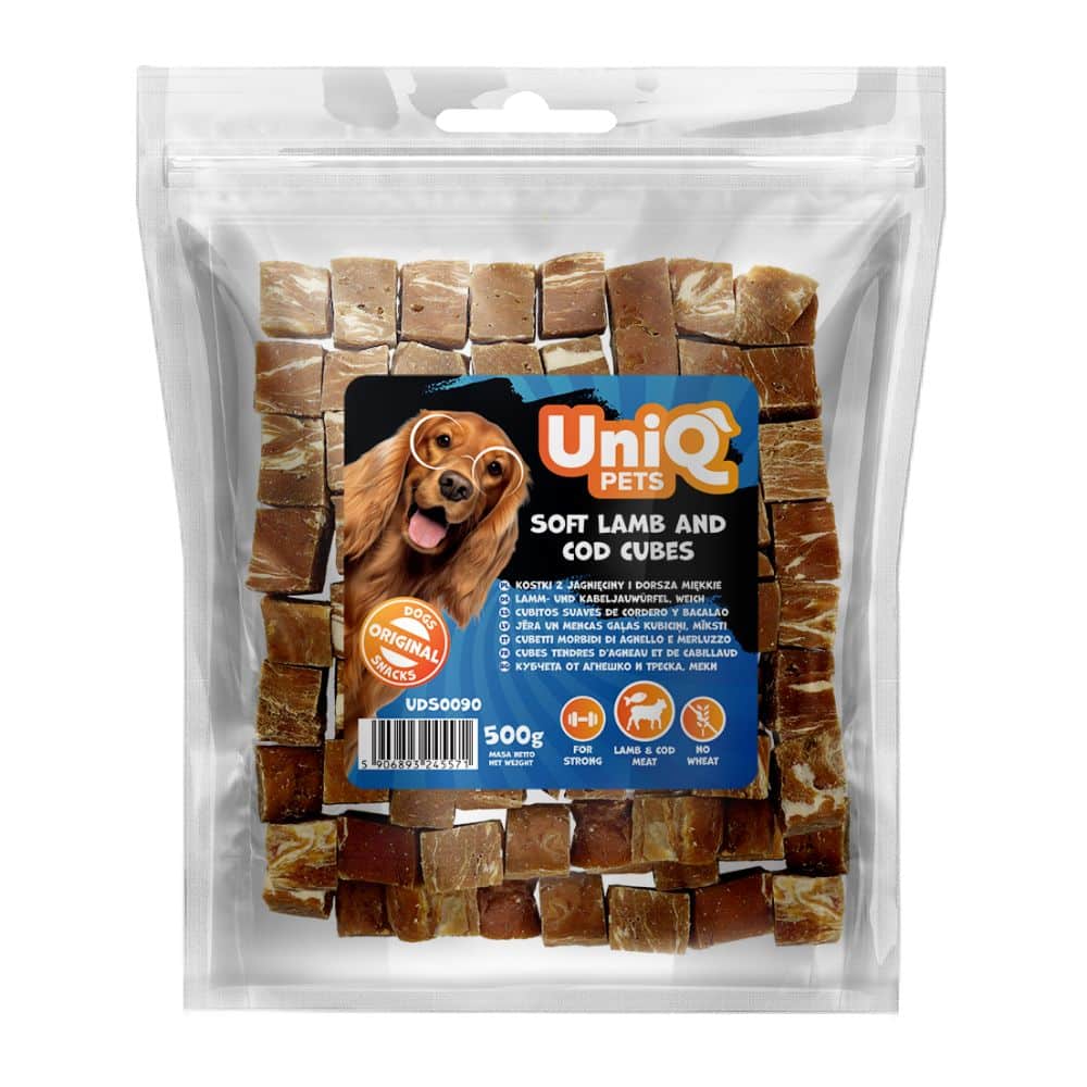 UNIQ PETS dog snacks soft lamb and cod cubes 500g ėrienos ir menkės kubeliai skanėstas šunims
