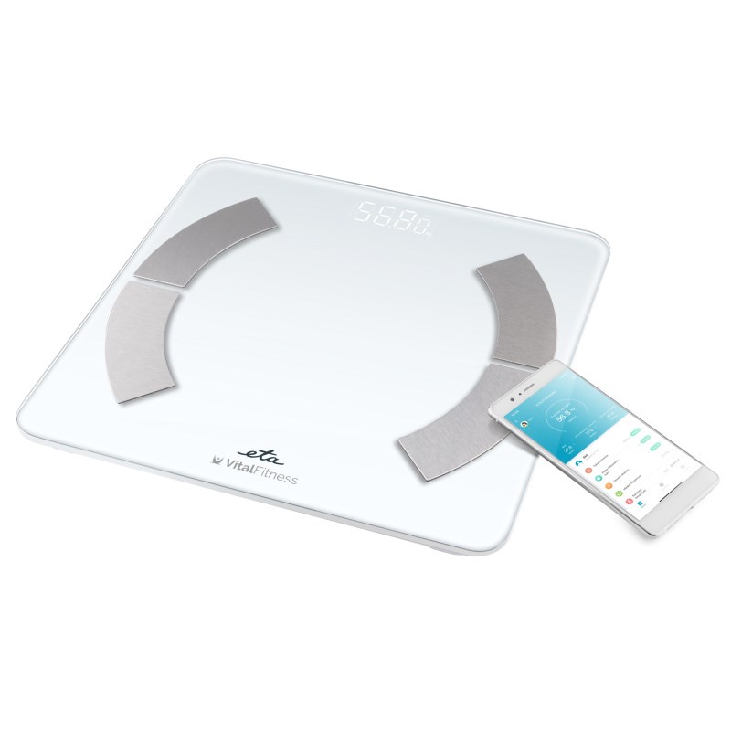 Svarstyklės ETA Vital Fitness ETA277990000, maksimalus svoris (talpa) 180 kg, tikslumas 100 g, kūno masės indekso (KMI) matavimas, baltos.