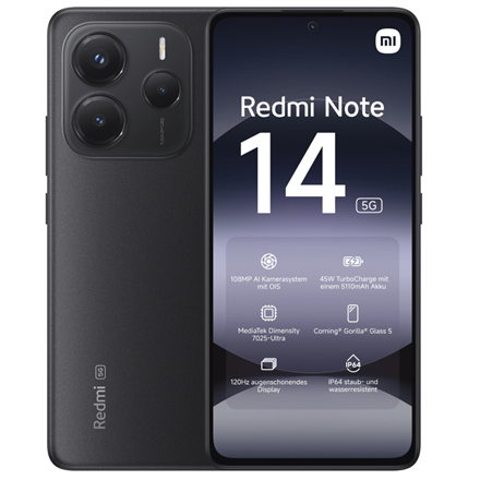 Xiaomi Redmi Note 14 | Midnight Black | 6.67 " | AMOLED | 1080 x 2400 pixels | Mediatek | Internal RAM 6 GB | 128 GB | Dual SIM | 5G | Main camera resolution 50+8+2 MP | Secondary camera resolution 20 MP | Android | 14|60941