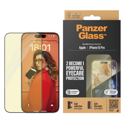 Dėkliukas PanzerGlass  Screen protector  Apple  iPhone 15 Pro  Glass  Clear  Ultra-Wide Fit; E