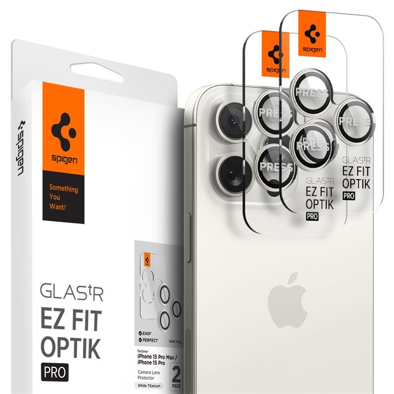 Spigen Glass tR EZ Fit Optik Pro 2 Pack, white titanium - iPhone 16/15 Pro/ 16/15 Pro Max