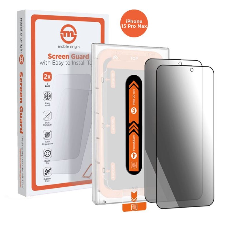 Mobile Origin Privacy Screen Guard iPhone 15 Pro Max with easy applicator, 2 pack