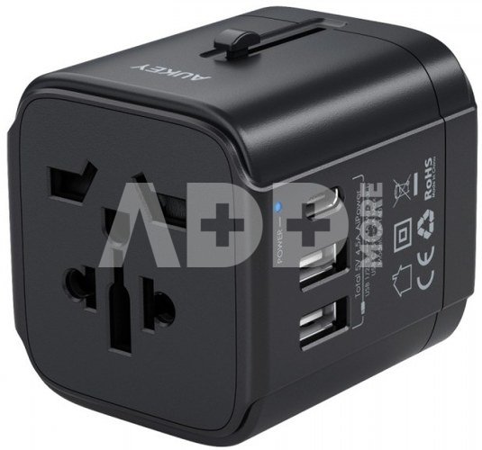 AUKEY PA-TA01 Black Universal Traver Adapter 2xUSB+1xUSB C 7.8A Fits in 150 Countries