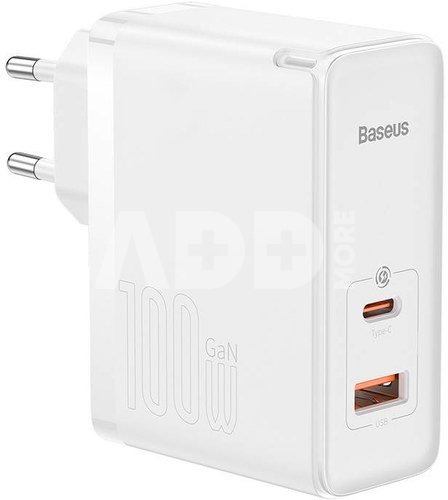 Baseus GaN5 Pro USB-C + USB wall charger, 100W + 1m cable (white)