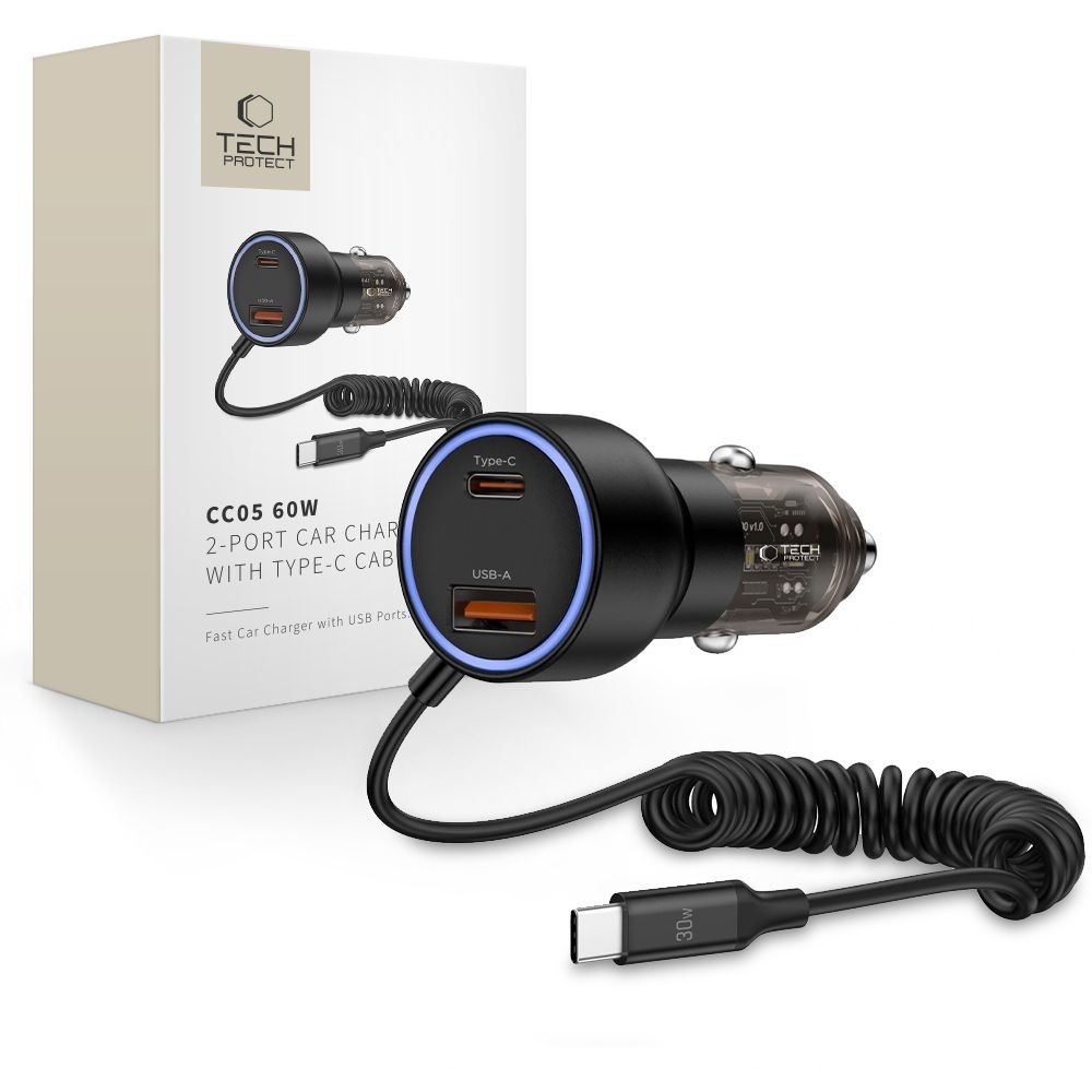 Automobilinis įkroviklis su kabeliu "Tech-Protect CC05 2-PORT PD60W"