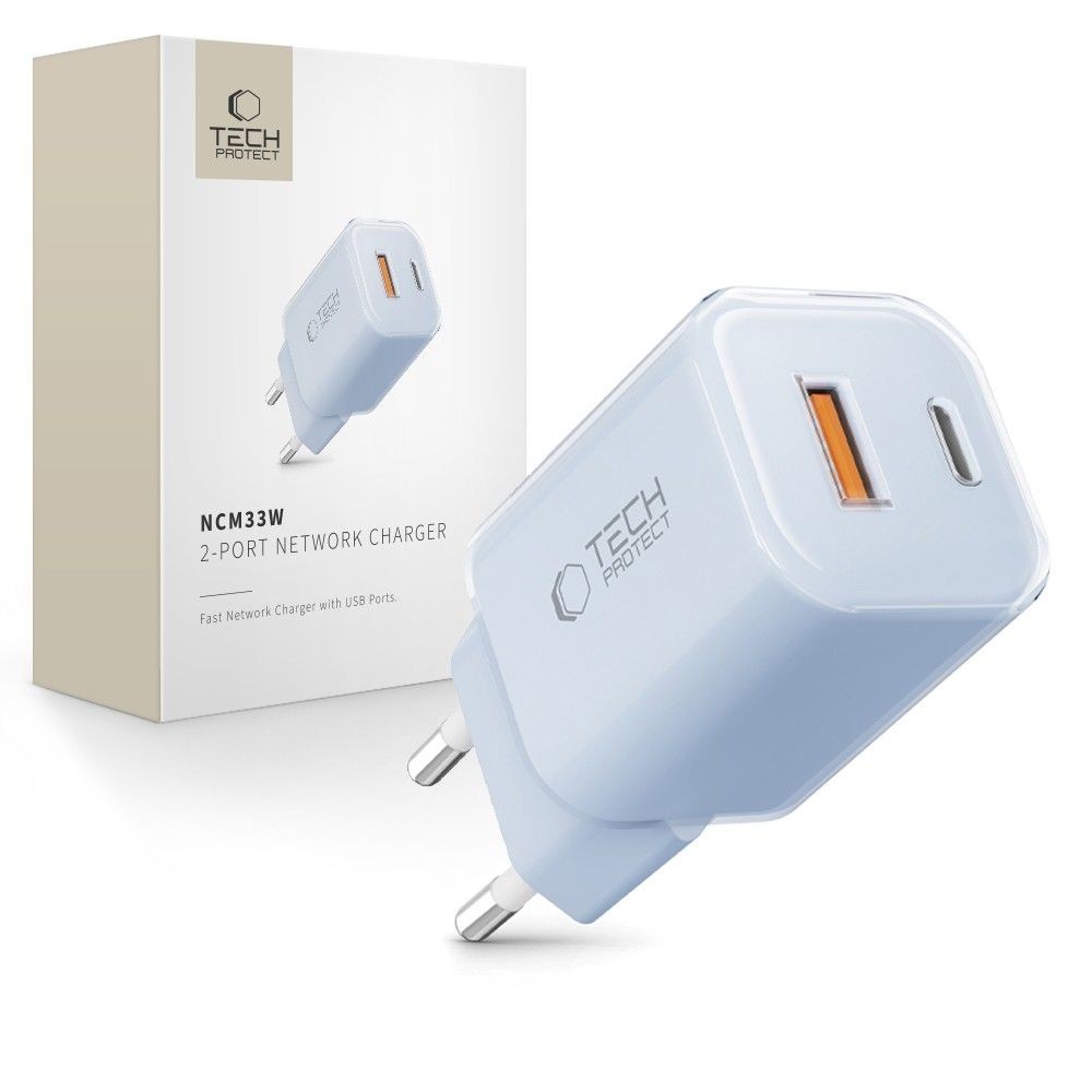 Baby Blue spalvos pakrovėjas-įkroviklis "Tech-Protect NCM33W 2-Port network charger PD20W"