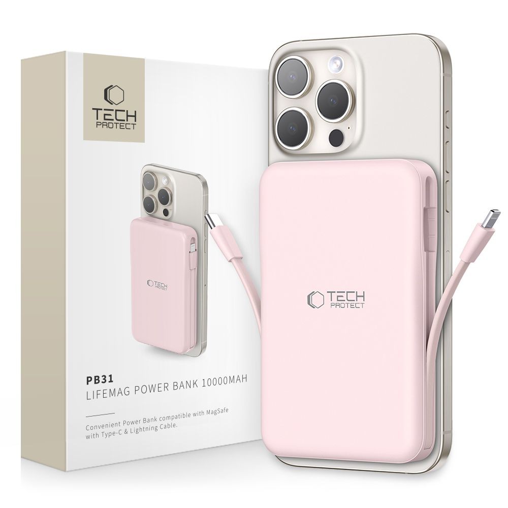 Išorinė baterija "Tech-Protect PB31 Lifemag Magsafe Power Bank 10000MAH" rožinės spalvos