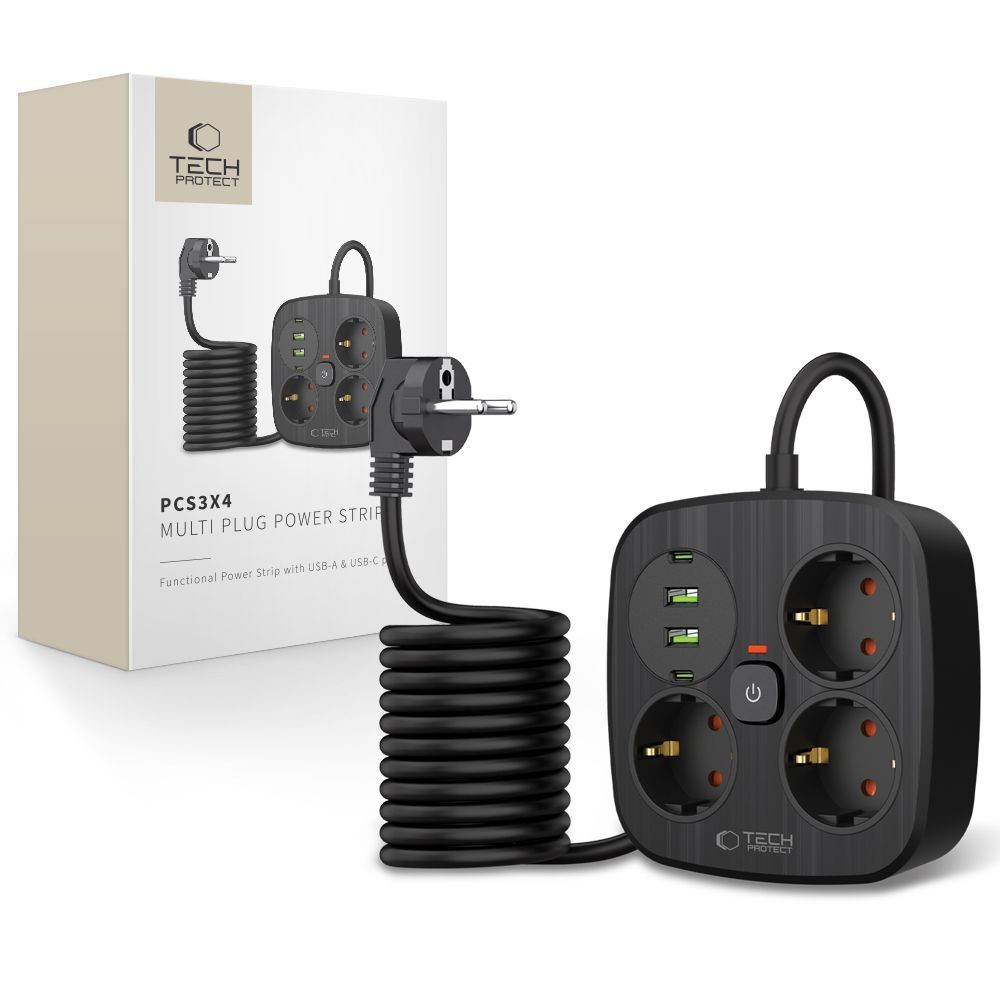 Juodas kelių prievadų maitinimo adapteris "Tech-Protect PCS3X4" – 2 USB & 2 TYPE-C & 3 elektros lizdai 200CM