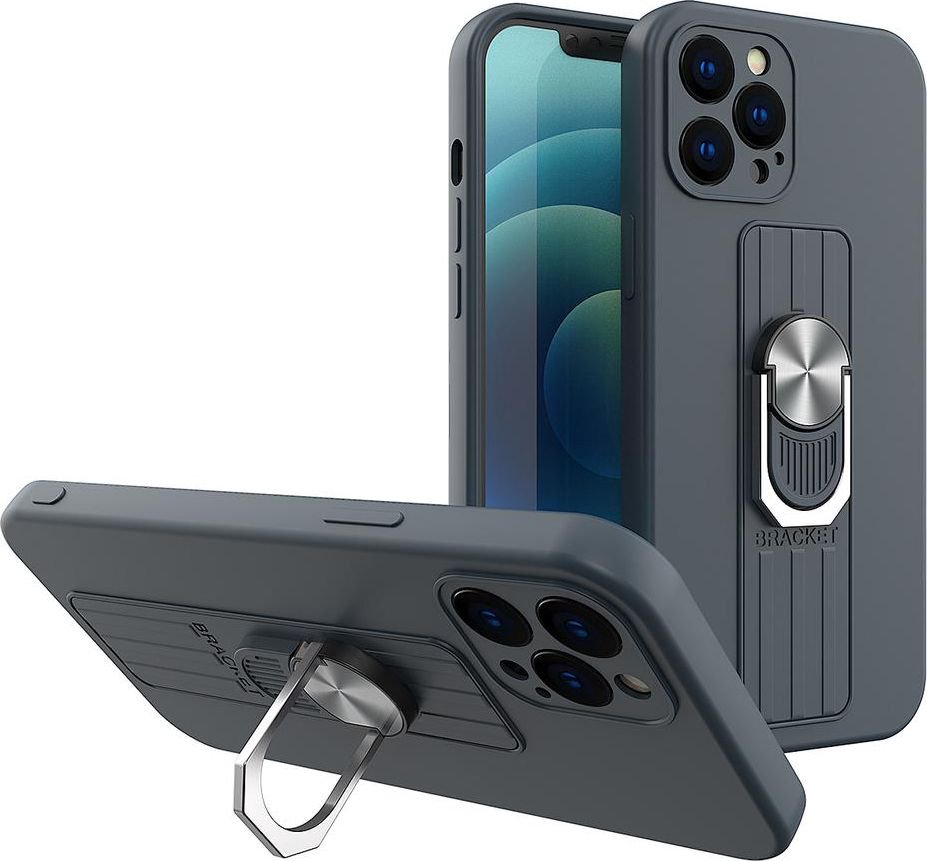 Hurtel Ring Case silicone case case with finger holder and iPhone 12 Pro stand dark blue