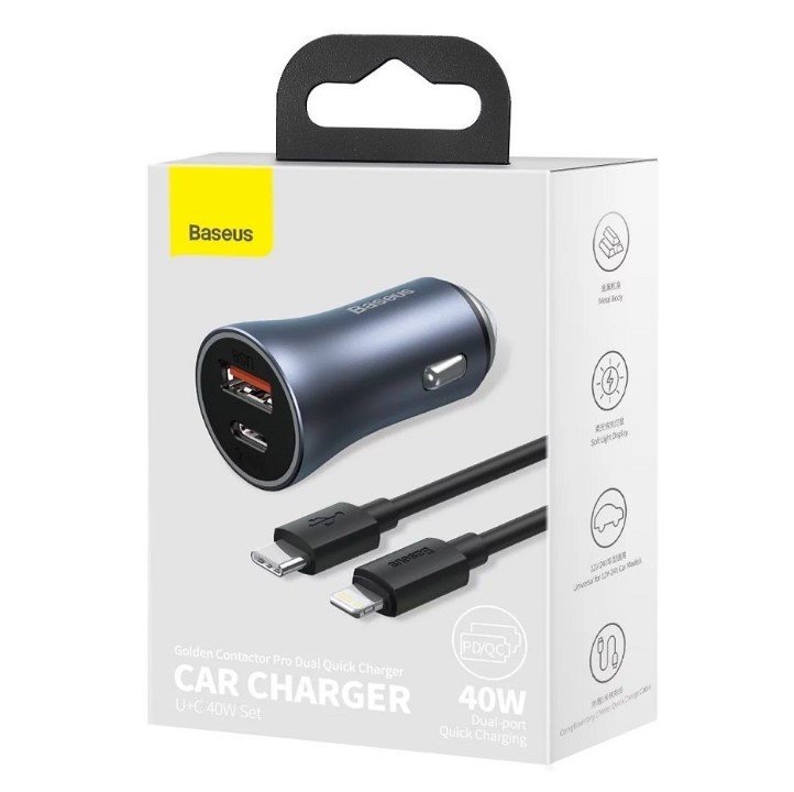Automobilinis įkroviklis BASEUS 40W 12-24V USB + USB-C QC PD su Lightning kabeliu 1.0m, pilkas
