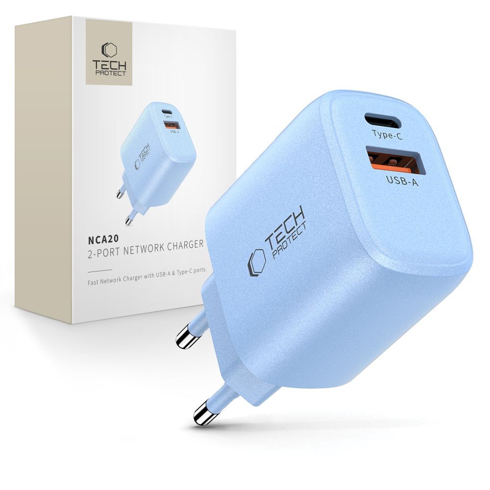 Melsvas pakrovėjas-įkroviklis "Tech-Protect NCA20 2-Port network charger PD 20W / QC3.0