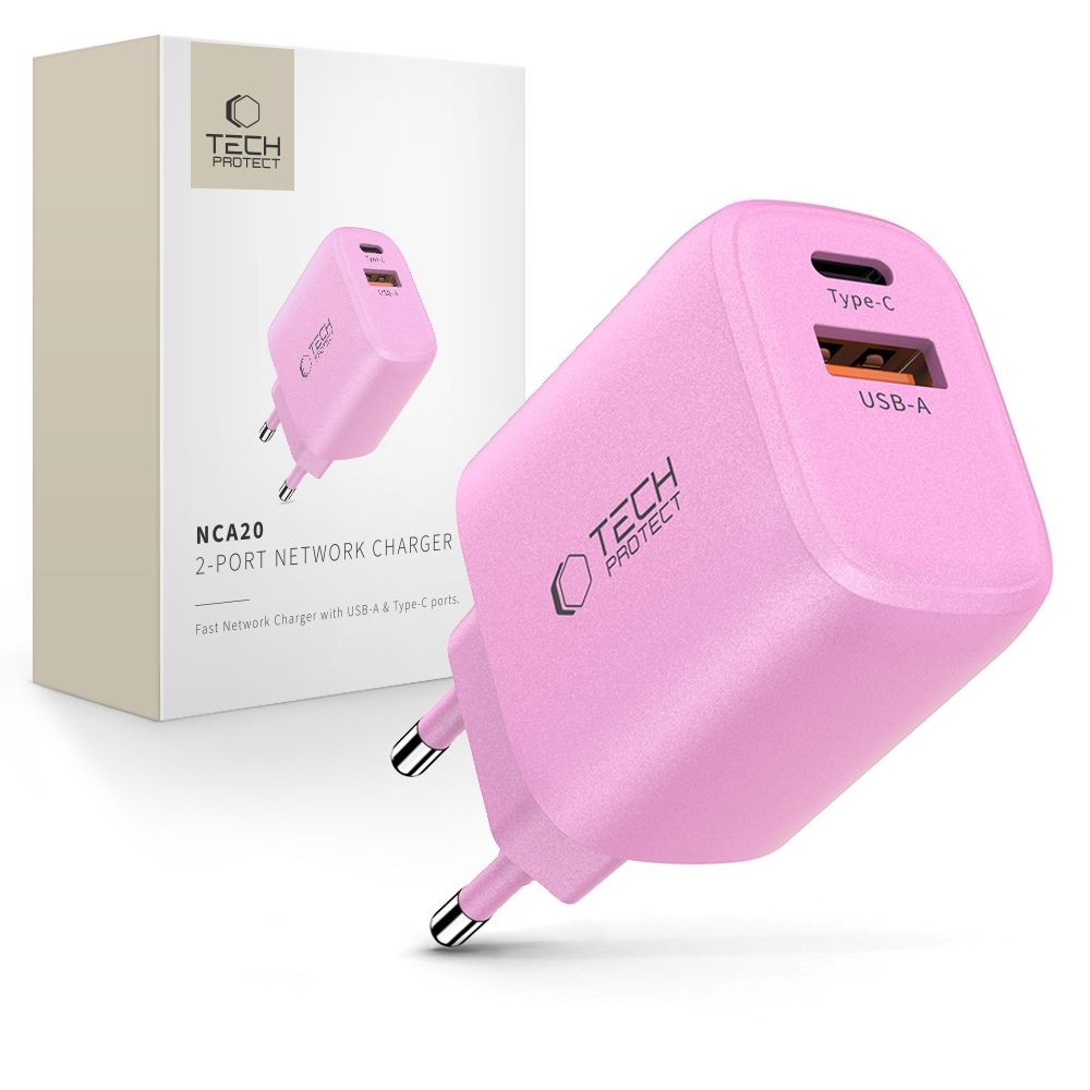Rožinis pakrovėjas-įkroviklis "Tech-Protect NCA20 2-Port network charger PD 20W / QC3.0