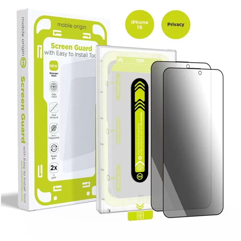 Apsauginis stiklas Mobile Origin Screen Guard Privacy with easy applicator, 2 pack - iPhone 16