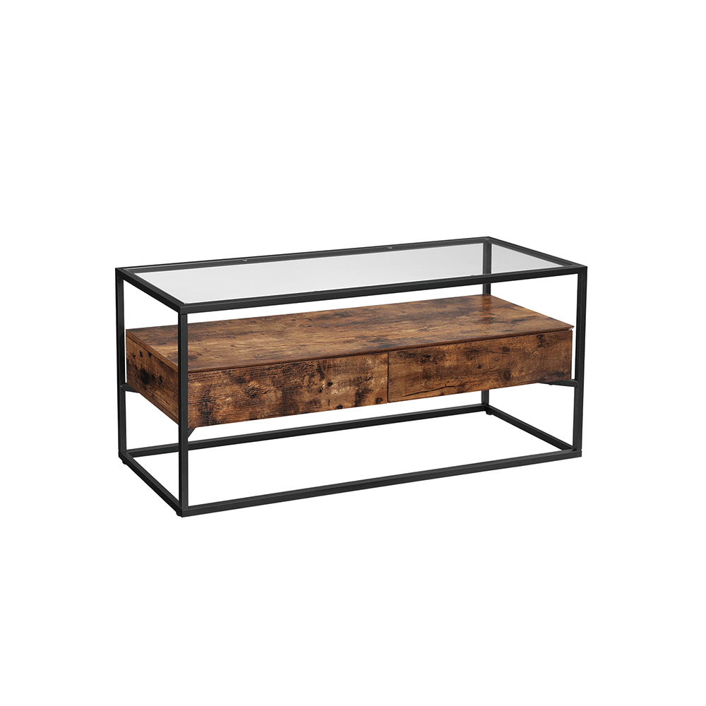 Industrinio stiliaus TV staliukas | 2 stalčiai | Grūdintas stiklas | 40 x 120 cm