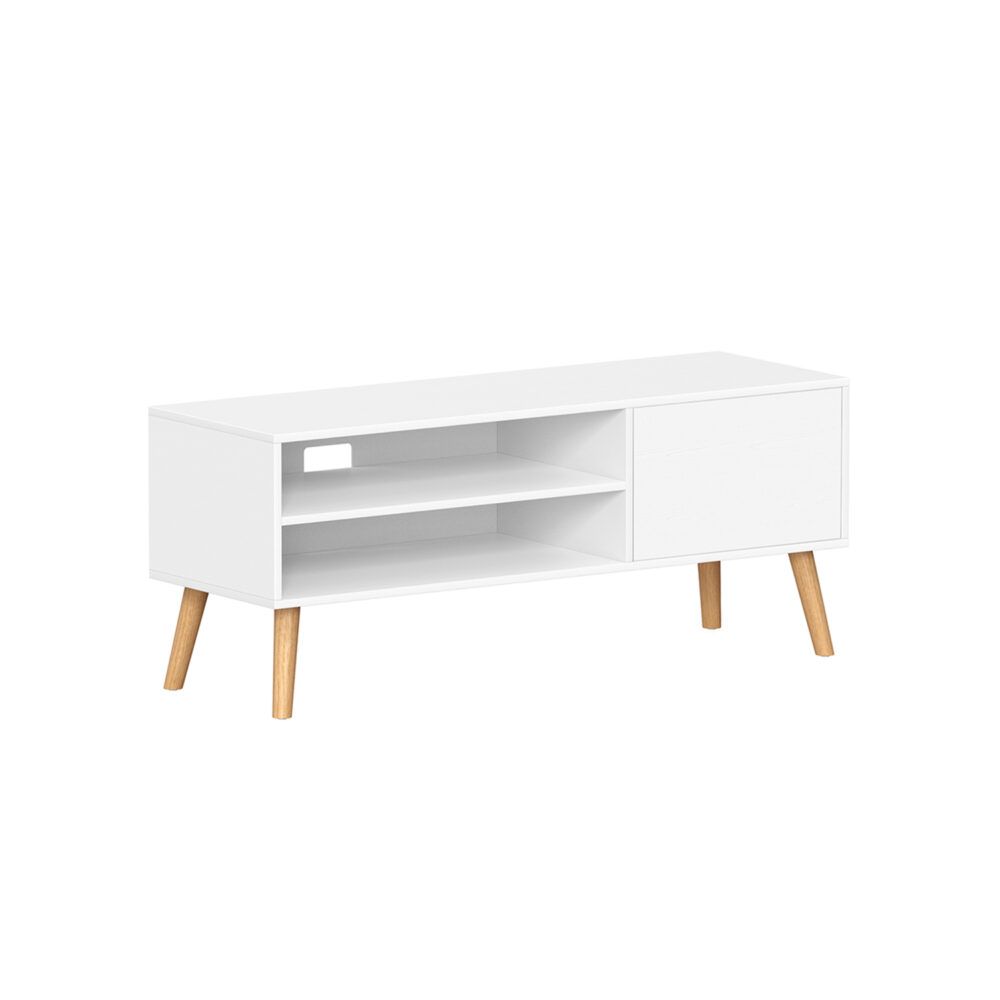 Skandinaviško stiliau TV staliukas | Atviros/uždaros lentynos | 40 x 120 cm | Balta