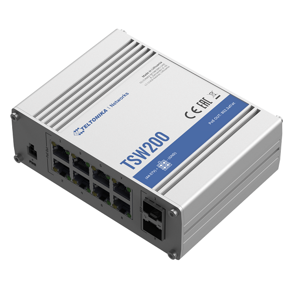 Teltonika Ethernet Switch TSW200 Unmanaged, Desktop, 1 Gbps (RJ-45) ports quantity 8, SFP ports quantity 2, PoE ports quantity 8, Total PoE Power Budget (at PSE): 240 W, PoE Max Power per Port (at PSE): 30W, IP30, Full aluminum housing, ADAPTER NOT INCLUDED | Teltonika | Ethernet Switch | TSW200 | Unmanaged | Desktop | Gigabit Ethernet (copper) ports quantity 8 | 10 Gbps (RJ-45) ports quantity 0 | SFP ports quantity 2 | SFP+ ports quantity 0 | Combo ports quantity 0 | Power over Ethernet (PoE) ports quantity 8 | Power supply type Ingress Protection Rating: IP30 | 24 month(s)