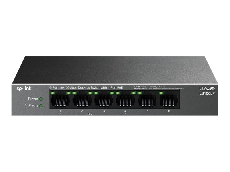 TP-LINK | 6-Port 10/100 Mbps Desktop Switch with 4-Port PoE | LS106LP | Unmanaged | Desktop