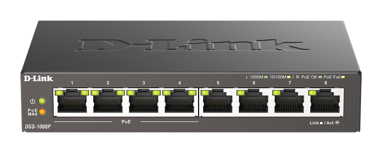 D-Link | 8-Port Gigabit PoE Switch (4xPoE) | DGS-1008P | Unmanaged | Desktop | Power supply type External