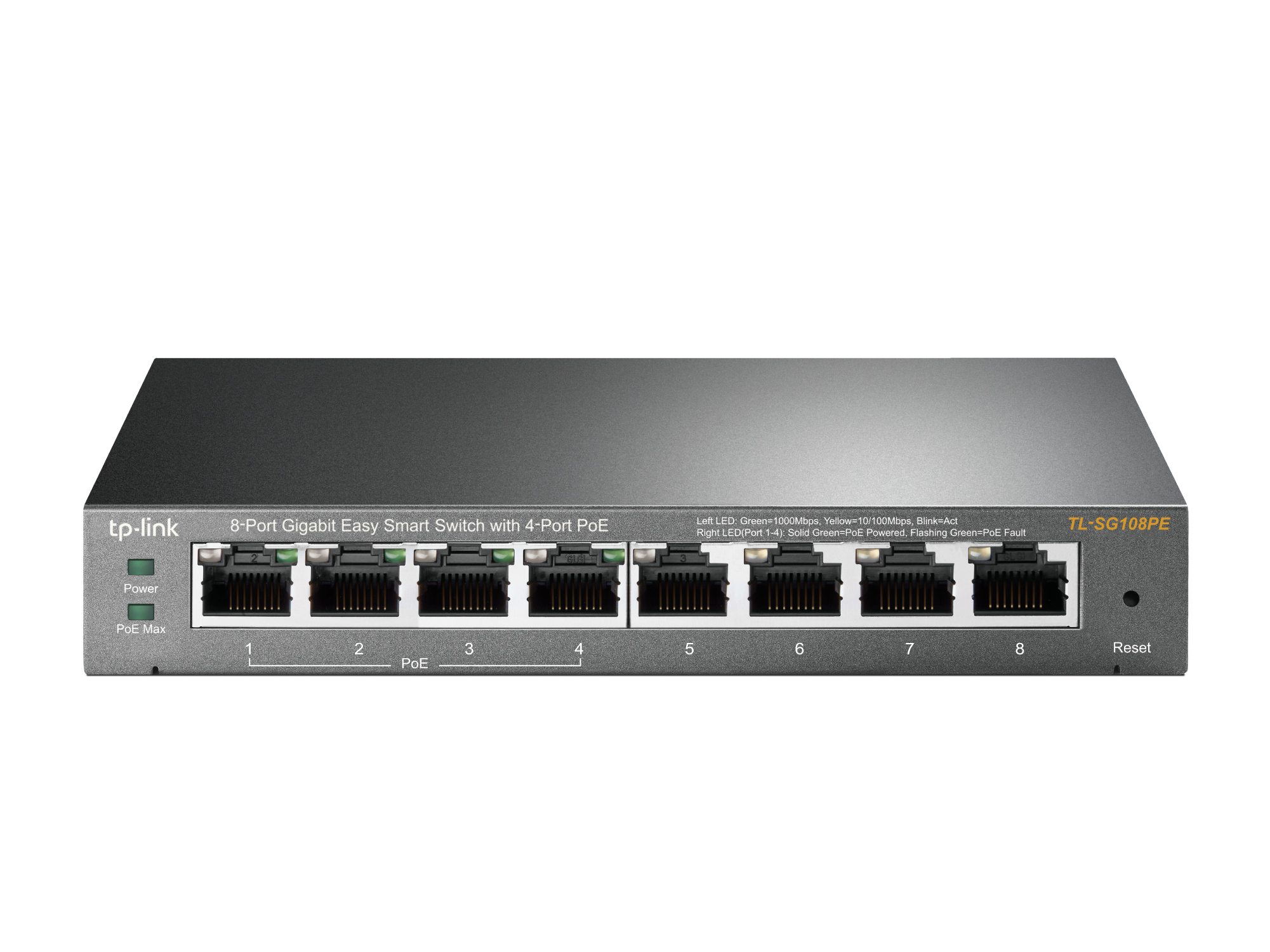 TP-LINK | Smart Switch | TL-SG108PE | Web Managed | Desktop | Gigabit Ethernet (copper) ports quantity 4 | PoE+ ports quantity 4 | Power supply type External | 36 month(s)